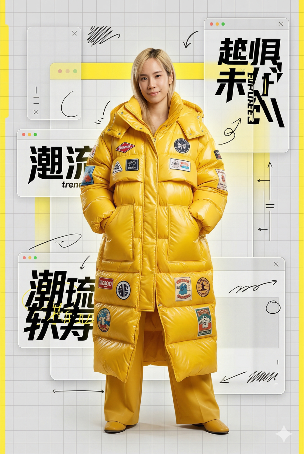high-fashion oversized yellow puffer coat inspired by avant-garde editorial style