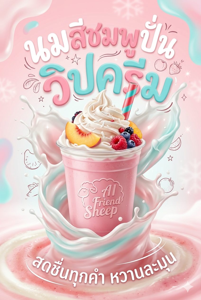 นมสีชมพูปั่น วิปครีม