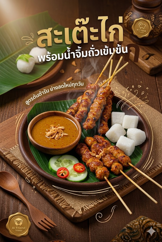 สะเต๊ะไก่พร้อมน้ำจิ้มถั่วเข้มข้น